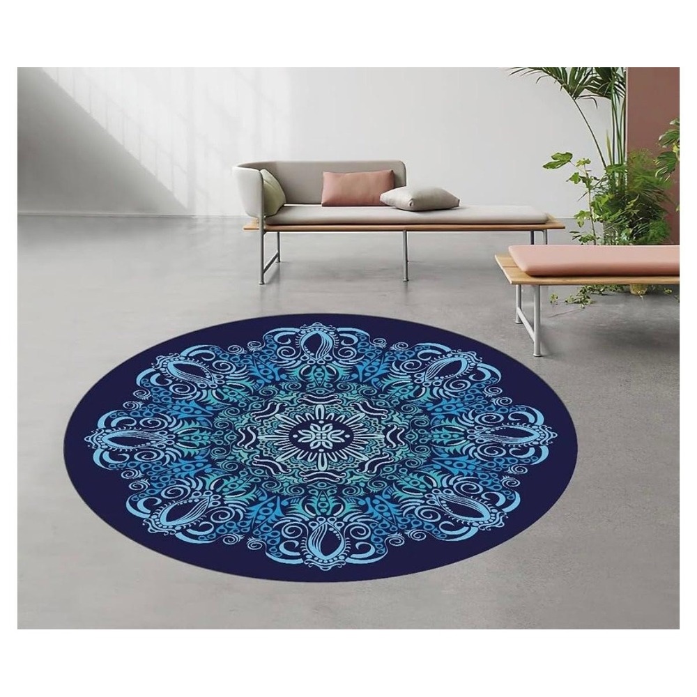 Round Oversize Yoga Mat 55in Blue Mandala Suede Rubber Non-Slip Pilates Zen - Picture 7 of 9